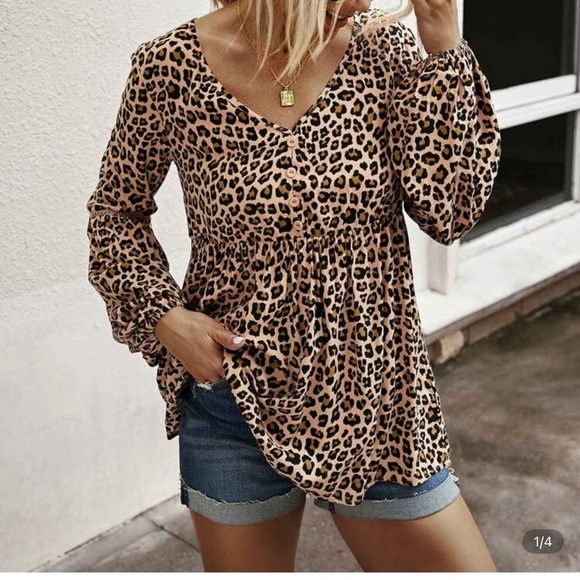 None Tops - Leopard Print V-Neck Blouse